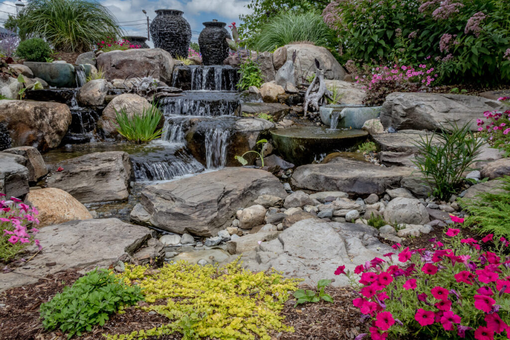 natural rock waterfall feature in San Jose backyard garden