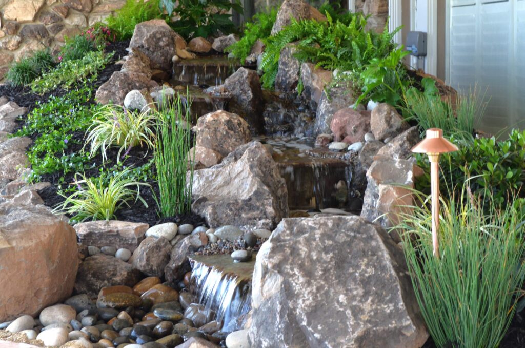 custom rock waterfall feature built by San Jose landscapers
